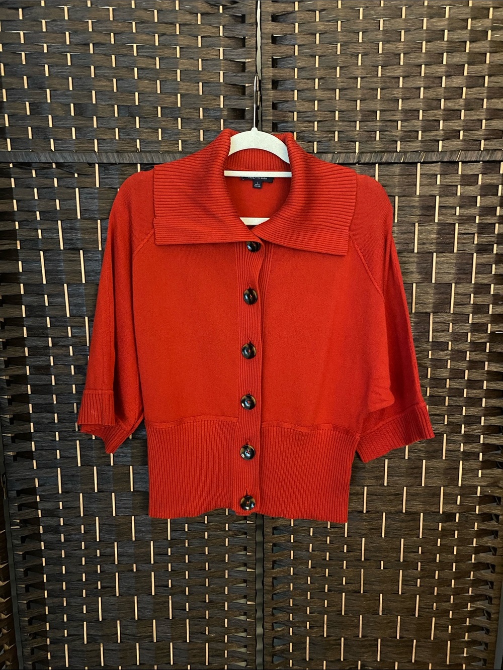 Anne Klein Red Button-Front Knit Sweater with Wide Collar Cotton Blend - Size L